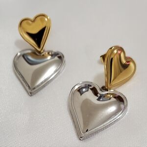 Romantic Two Tones Puffy Heart Earrings 118K Gold Plated Stainless Steel